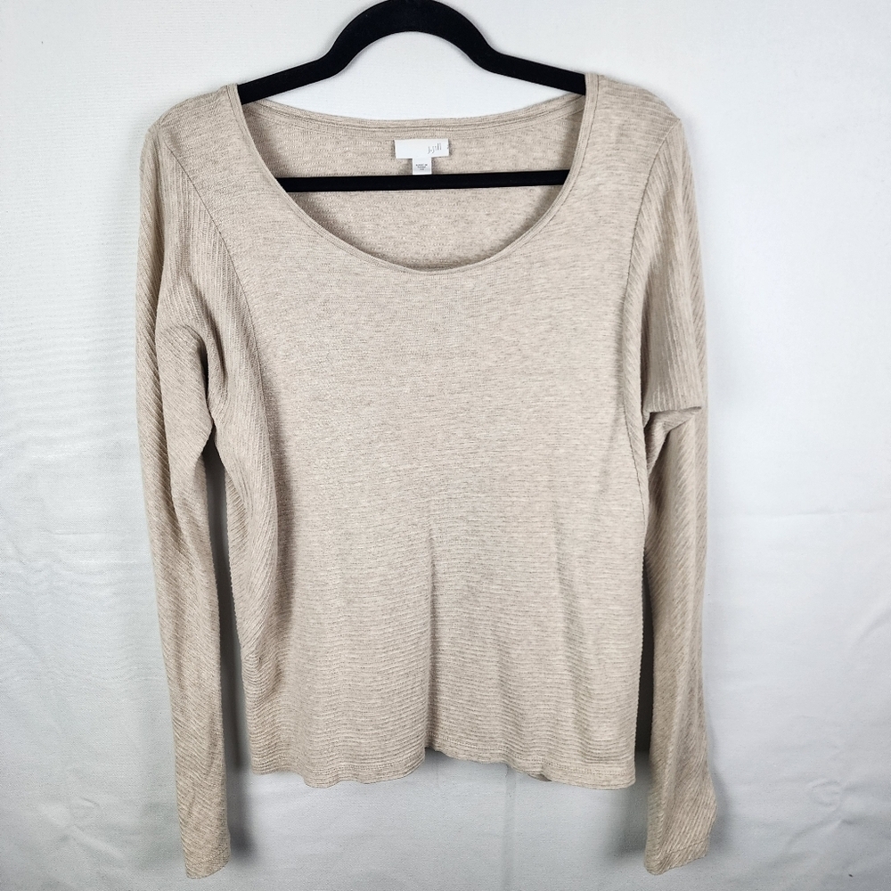 J. Jill Womens XS Oatmeal Ribbed 100% Cotton Scoop Neck Long Sleeve Top RN 97641